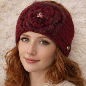 Hand Knit Burgundy Headband Neck Warmer w/ Faux Fur Flower & Rhinestone Accent